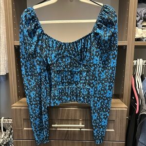 Zara Pleated Blue/Black Floral Women's lightweight long sleeve Top